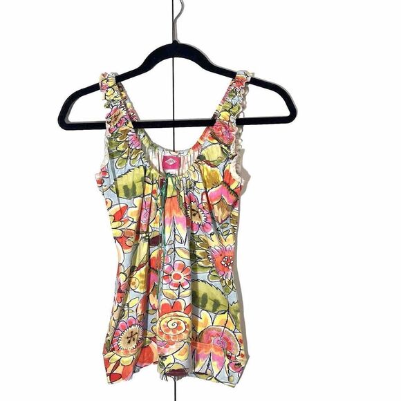 Oilily Top Women’s L Floral Multicolor Sleeveless Abstract Art To Wear Coquette - Picture 1 of 8